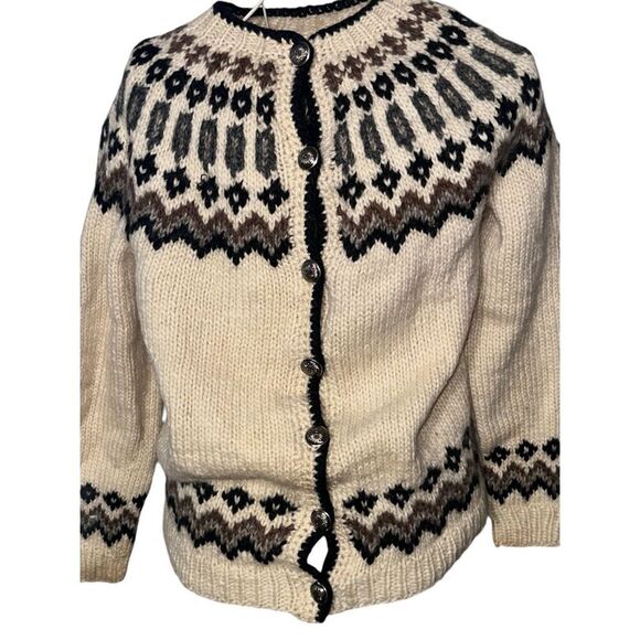 Vintage 1960s Womens Hand Knitted in Norway Fair Isle Wool Brown Tan Cardigan M - Picture 8 of 9